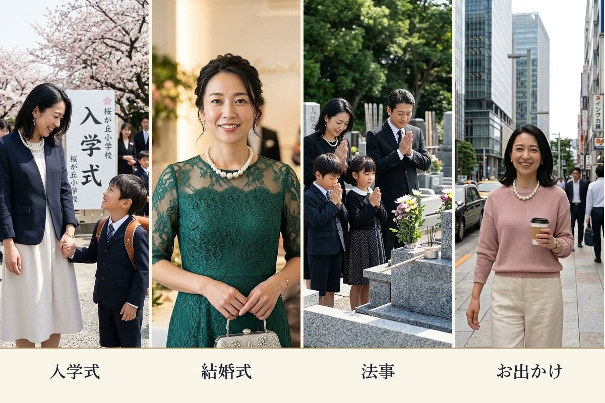 入学式・結婚式・法事・お出かけでパールネックレスを着けた様子